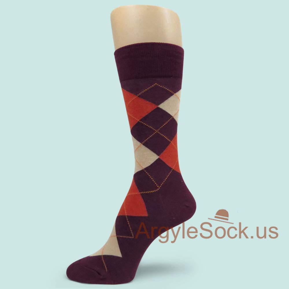 Dark Maroon/Reddish Brown Socks w/ Dark Orange & Beige Argyles