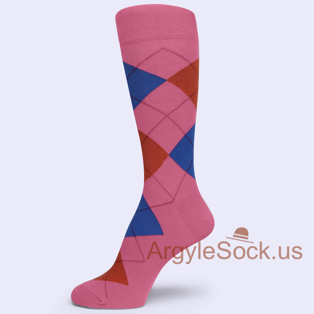 Dark Pink with Dark Orange Blue Argyles Mens Dress Socks