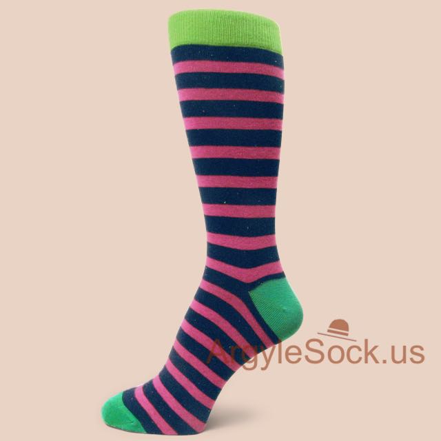 Dark Pink Speckled Black Striped Socks for Man w/ Lime Green