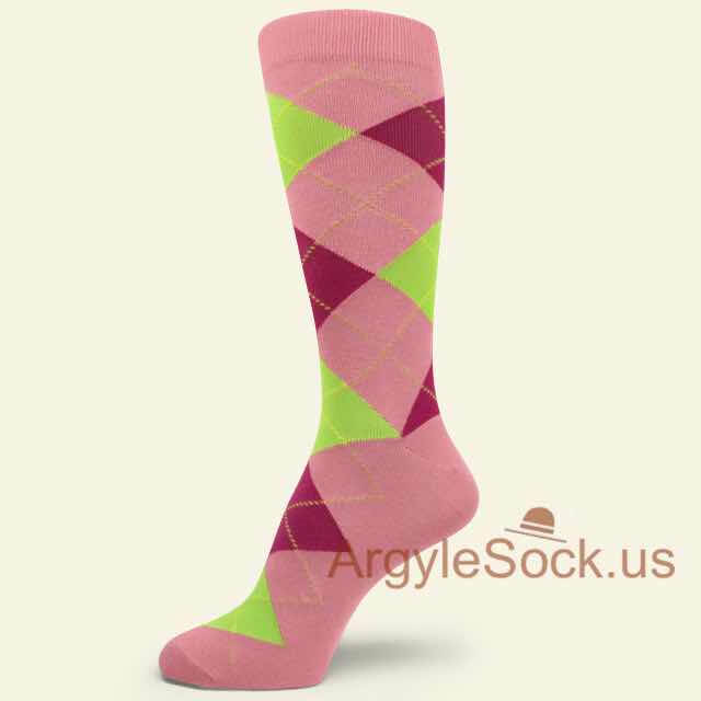 Dark Pink with Neon Lime Green and Hot Pink Argyle Dress Sock