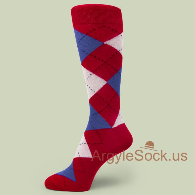 Dark Red Argyle Sock with Very Light Pink and Blue