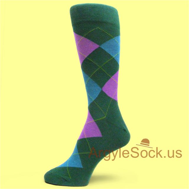 Dark Green Dress Socks for Men with Violet & Blue Argyles