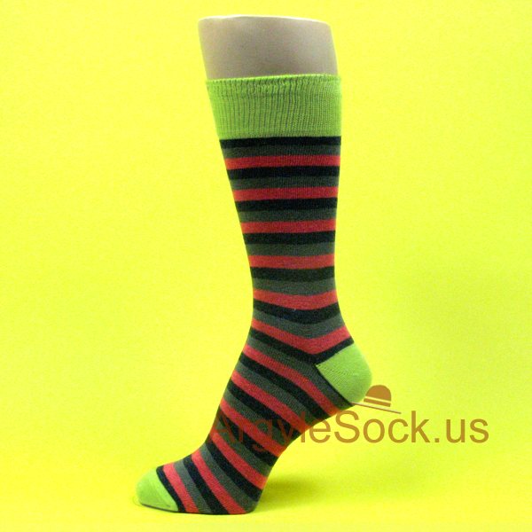 Dark Pink Gray Navy Blue Stripe Mans Socks with Lime Green Toe