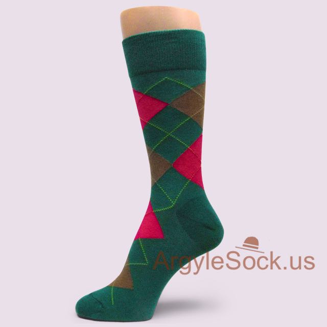 Forest Green Man's Socks with Bright Red and Brown Argyles