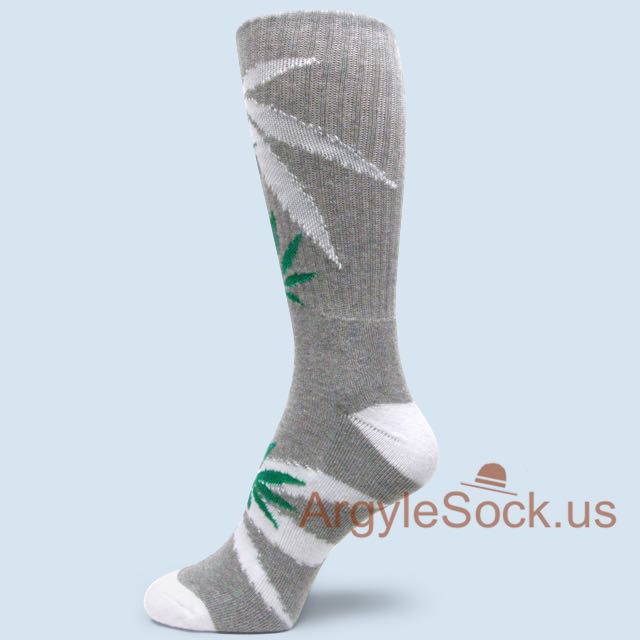 White and Green Marijuana Weed Leaf Grey Socks for Men