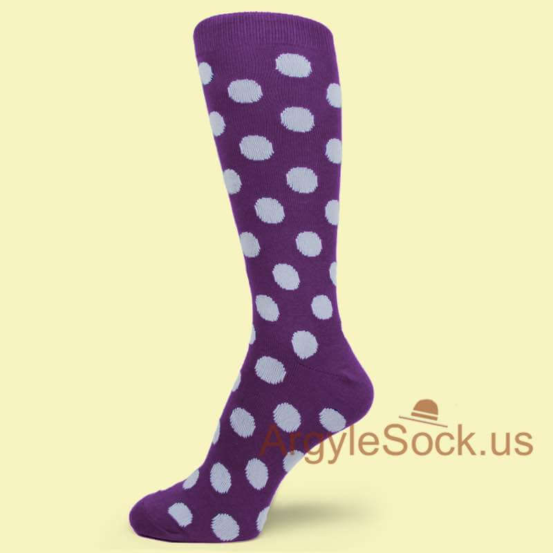 Light Grey Polka Dots on Purple Men's Dress Socks