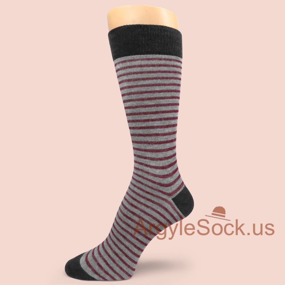 Thin Dark Brown Striped Grey Socks for Men with Black Toe