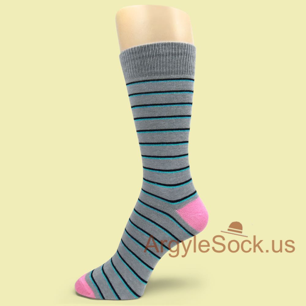 Gray with Pink Toe & Heel Think Bright Sky Blue Stripe Mens Sock