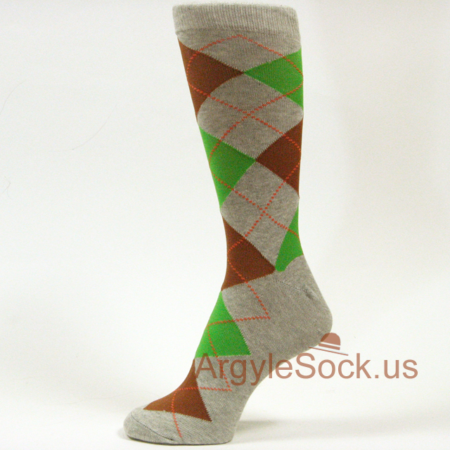 Gray Bright Green Brown Argyle Mens Dress Socks