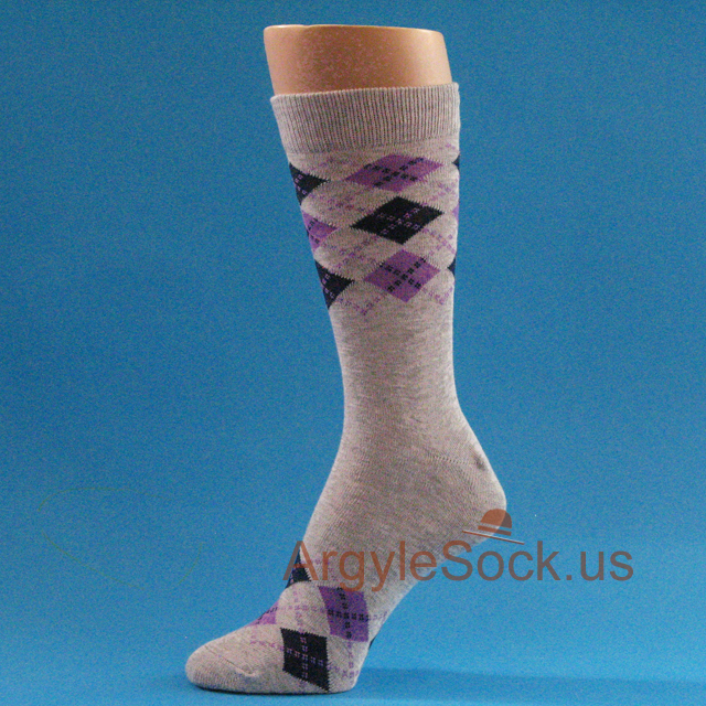 Gray / Purple / Lavender Argyle Men's Dress Socks