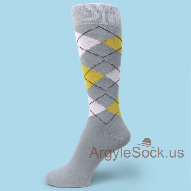 Grey with Yellow & White Argyle Dress Socks for Men & Groomsmen