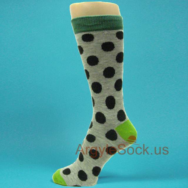 Gray Men's Sock with Polka Dots, Teal Welt, Lime Green Toes