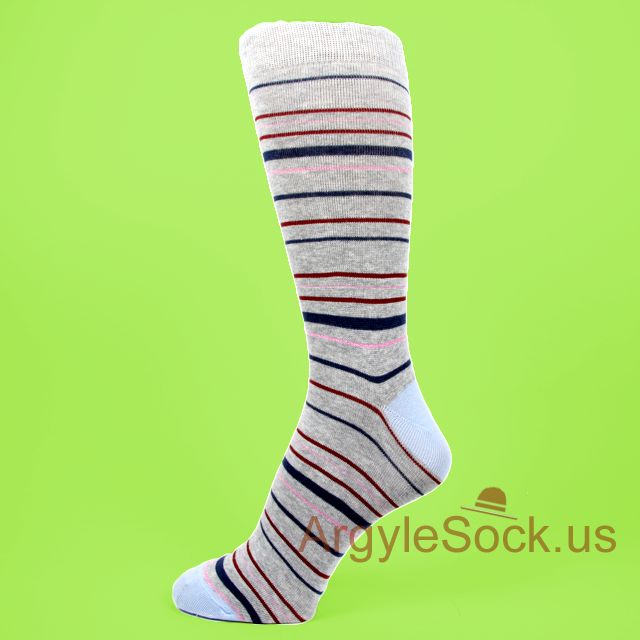Gray Men's Socks with Thin Brown, Blue and Pink Stripes