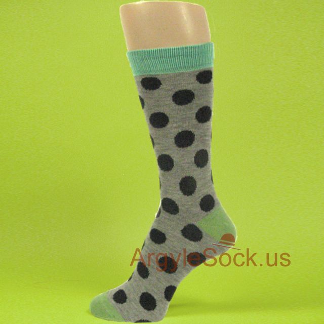 Gray with Black Polka Dots Sock with Light Turquoise Welt