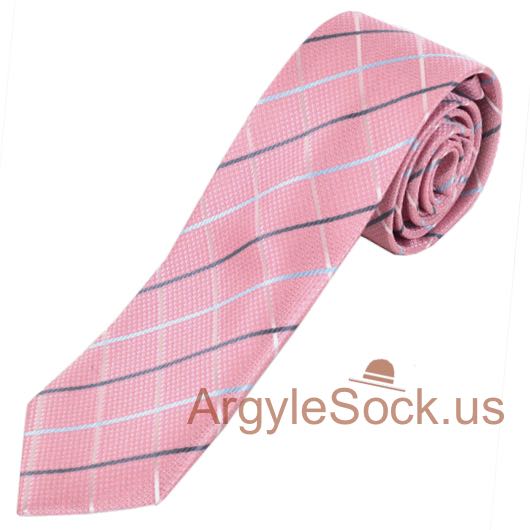 Grayish Pink Windowpane check Groomsmen Mens 2.75" SLIM Neck Tie