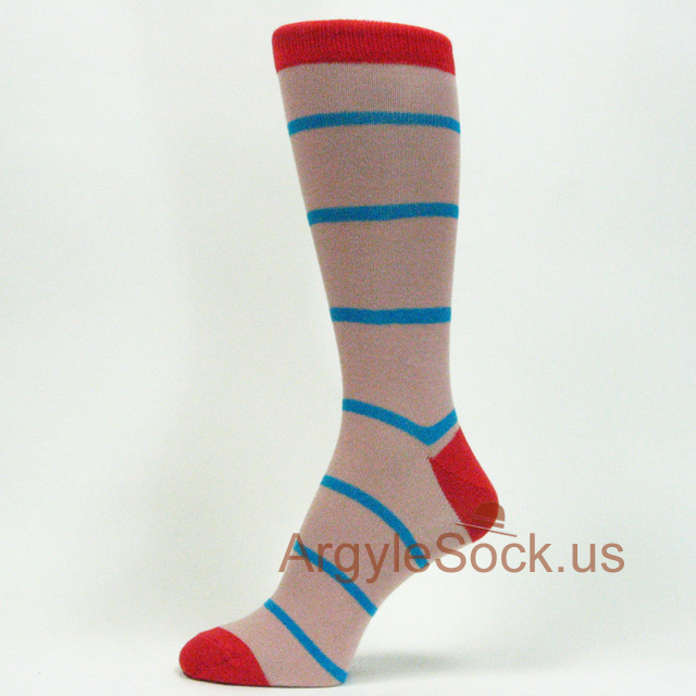 Grayish Pink with Turquoise Stripes and Red Toe & Heel Mens Sock
