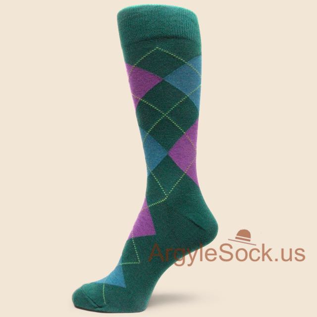 Green Dress Socks for Men with Violet Purple and Blue Argyles