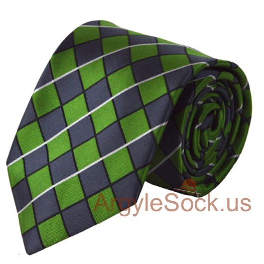 Green Indigo Blue Diagonal Checkered Groomsmen Mens Neck Tie