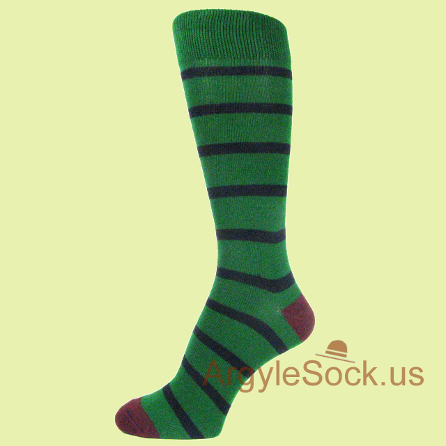 Green Mens Socks with Black Stripes and Maroon Toe & Heel