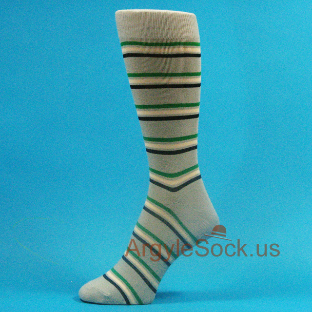 Silver/Gray Mans Dress Socks with Green, Navy, Cream Stripes