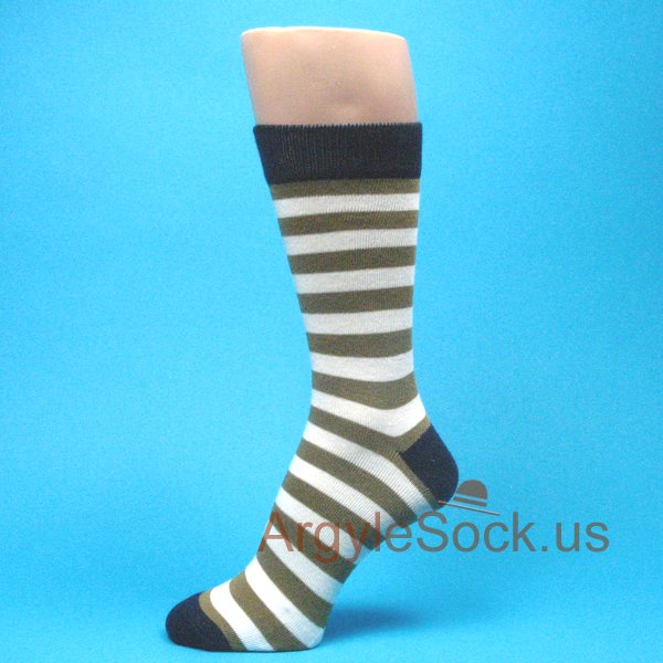 Greenish Brown(Dark Olive Green) White Stripes Men's Dress Socks