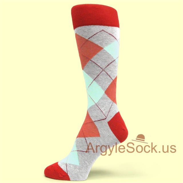 Grey Dress Socks for Men with Chinese Red & Aqua Mint Argyle
