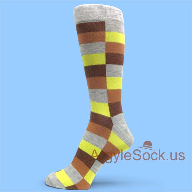 Grey Dress Socks for Men with Yellow and Brown Rectangles