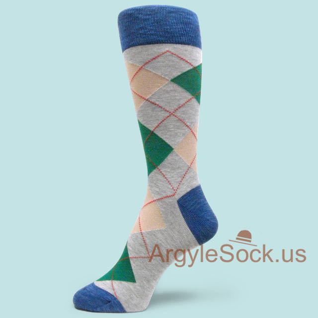 Gray Green Nude Argyle Dress Socks for Men with Blue Toe