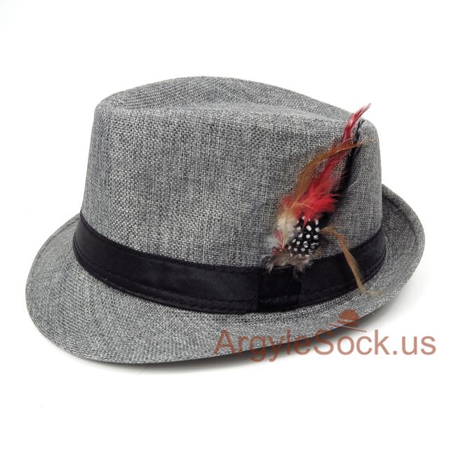 Grey Mens/Groomsmen Fedora Hat with Feather Accent 59cm