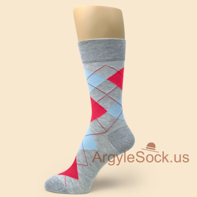 Grey Man's Dress Socks with Red and Light Blue Argyles