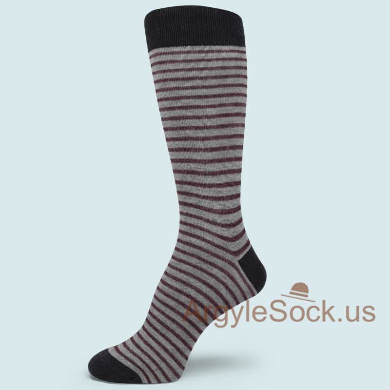 Maroon/Burgundy Thin Striped Gray Men's Socks