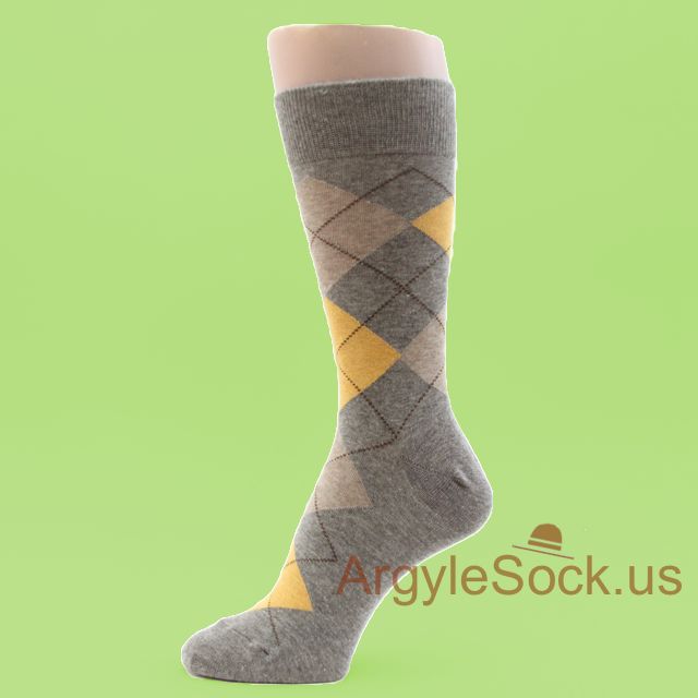 Grey Men's Socks with Gold and Khaki Argyles