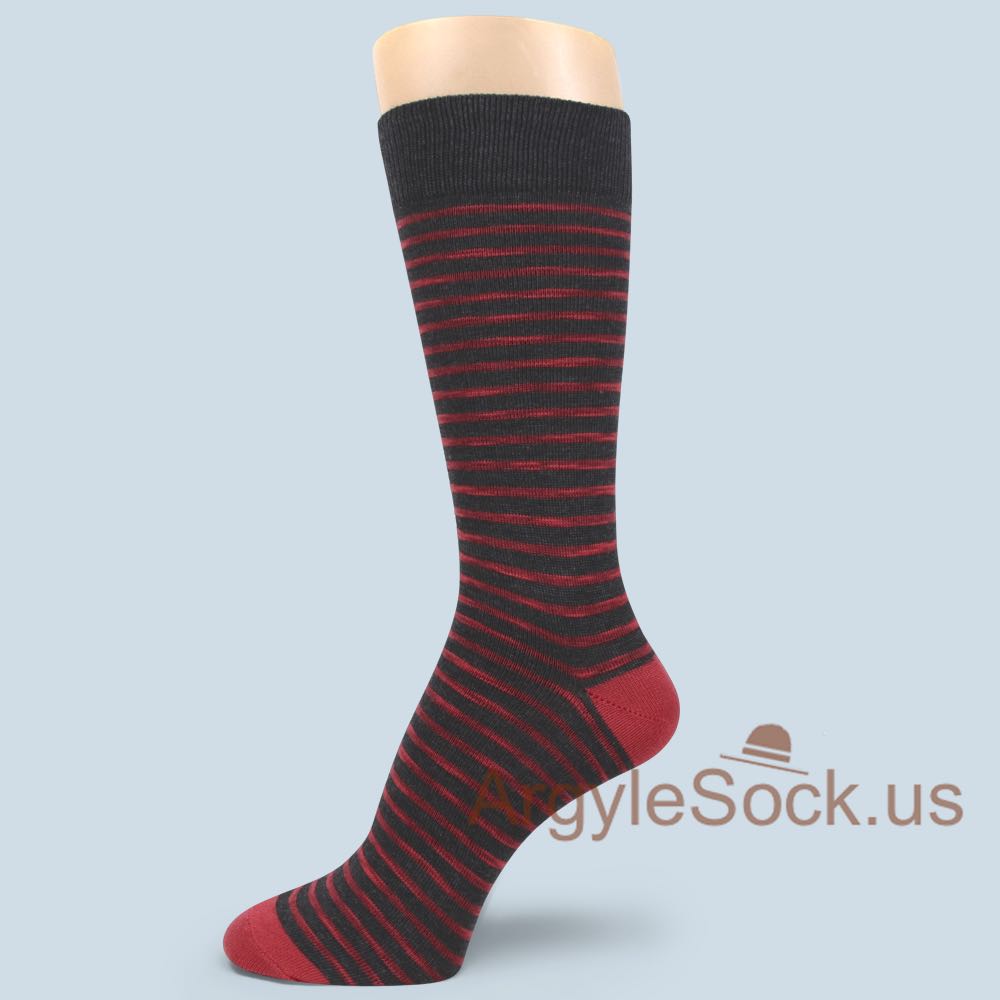 Heather Charcoal Gray and Red Thin Striped Man's Socks