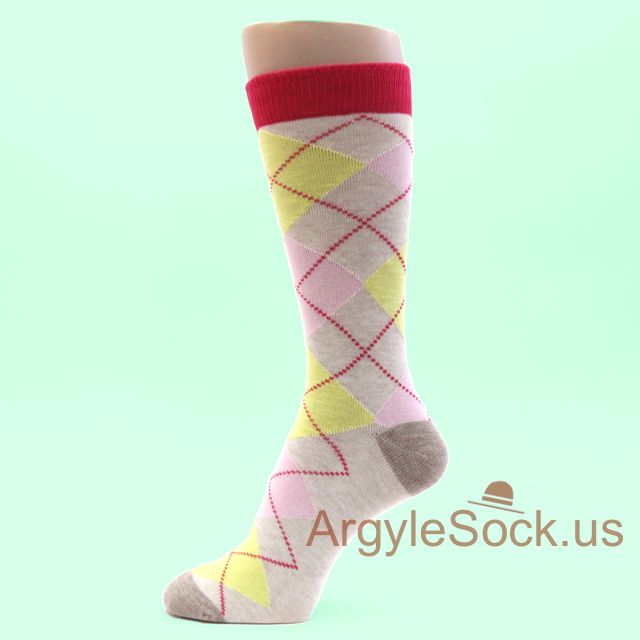 Heather Champagne, Light Yellow, Light Pink Man's Argyle Socks