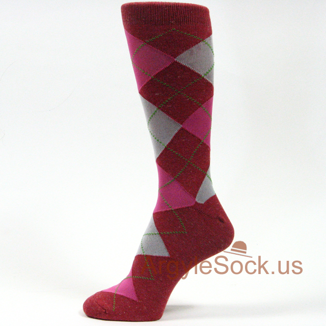 Heather Dark Red/Maroon, Hot Pink, Light Grey Argyle Men's Sock