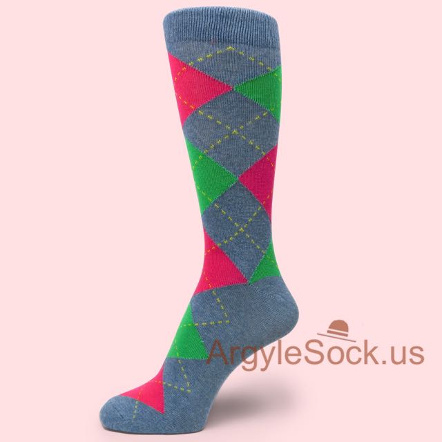 Hot Pink & Kelly Green Argyles Grayish Slate Blue Mens Socks