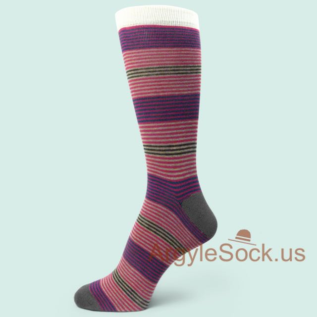 Thin Hot Pink Navy Beige Brown Striped Dress Socks for Man