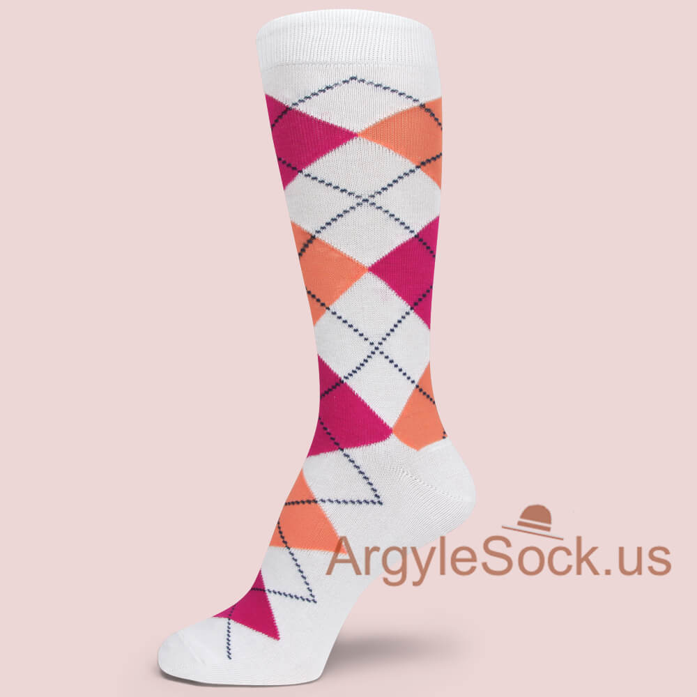 Hot Pink and Peach on White Argyle Mens/Groomsmen Sock