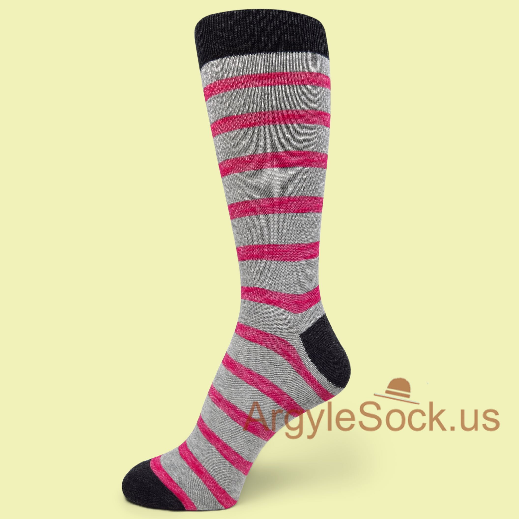 Hot Pink Stripes on Heather Grey Mans Socks with Black Toe