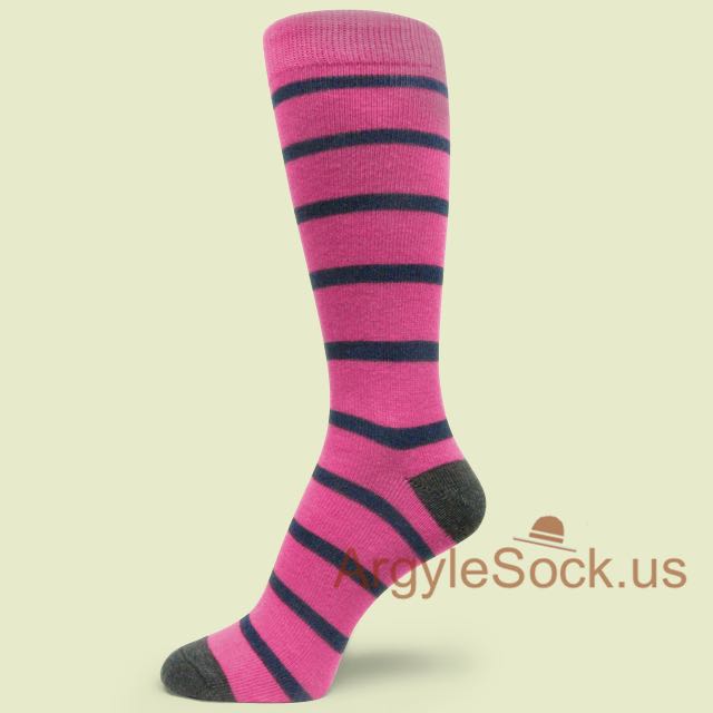 Hot/Bright Pink with Midnight/Navy Blue Striped Mens Socks