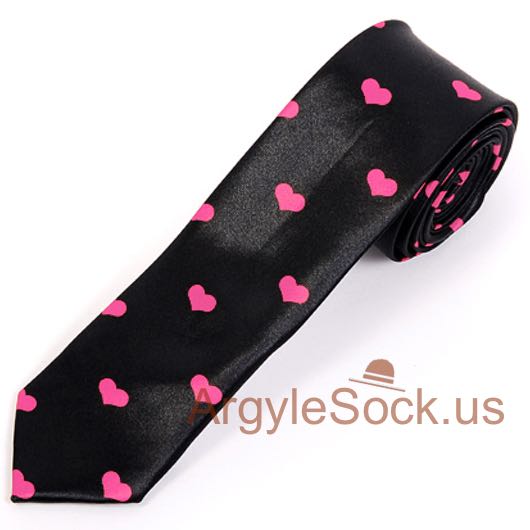 Hot Pink Hearts Pattern Printed 2" SLIM Black Tie for Wedding