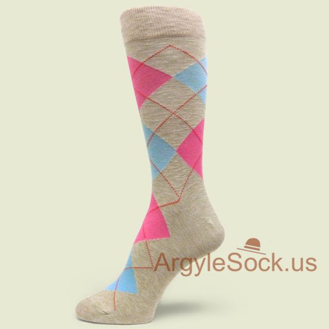 Khaki Marble Dress Socks for Men with Pink and Light Blue Argyle