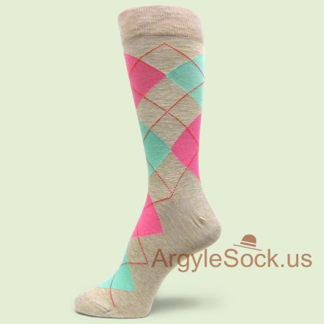 Khaki Marble with Mint and Pink Argyle Socks for Men