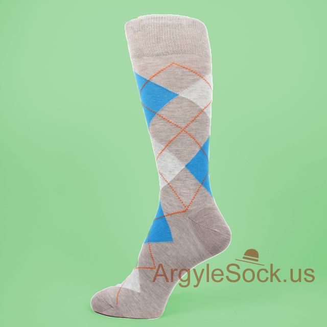 Khaki Socks for Men with Bright Blue Argyle