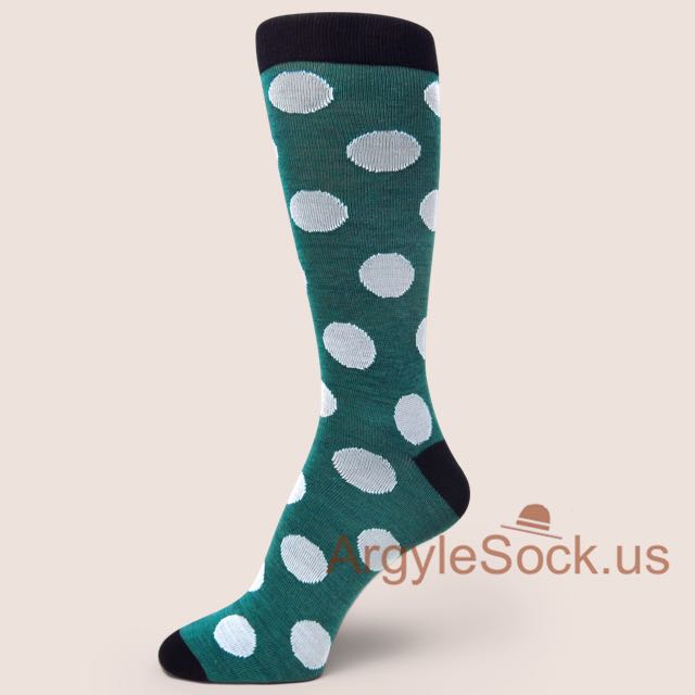 Large White Polka Dots on Dark Green Sock with Black Toe for Men