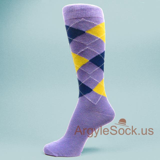 Lavender Dress Socks for Men with Blue & Bright Yellow Argyles