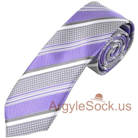 Lavender Silver Gray Diagonal Stripe 2.75" SLIM Groomsmen Tie