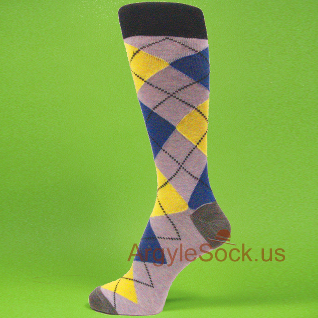 Bright Yellow Blue Argyle Light Lavender Socks with Black Welt