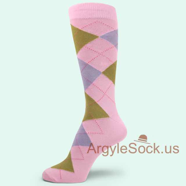 Dark Light Pink with Old Gold & Light Lilac Argyle Socks for Man