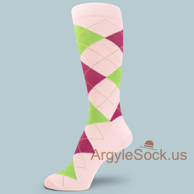 Very Light Pink with Bright Lime Green Hot Pink Argyle Mans Sock